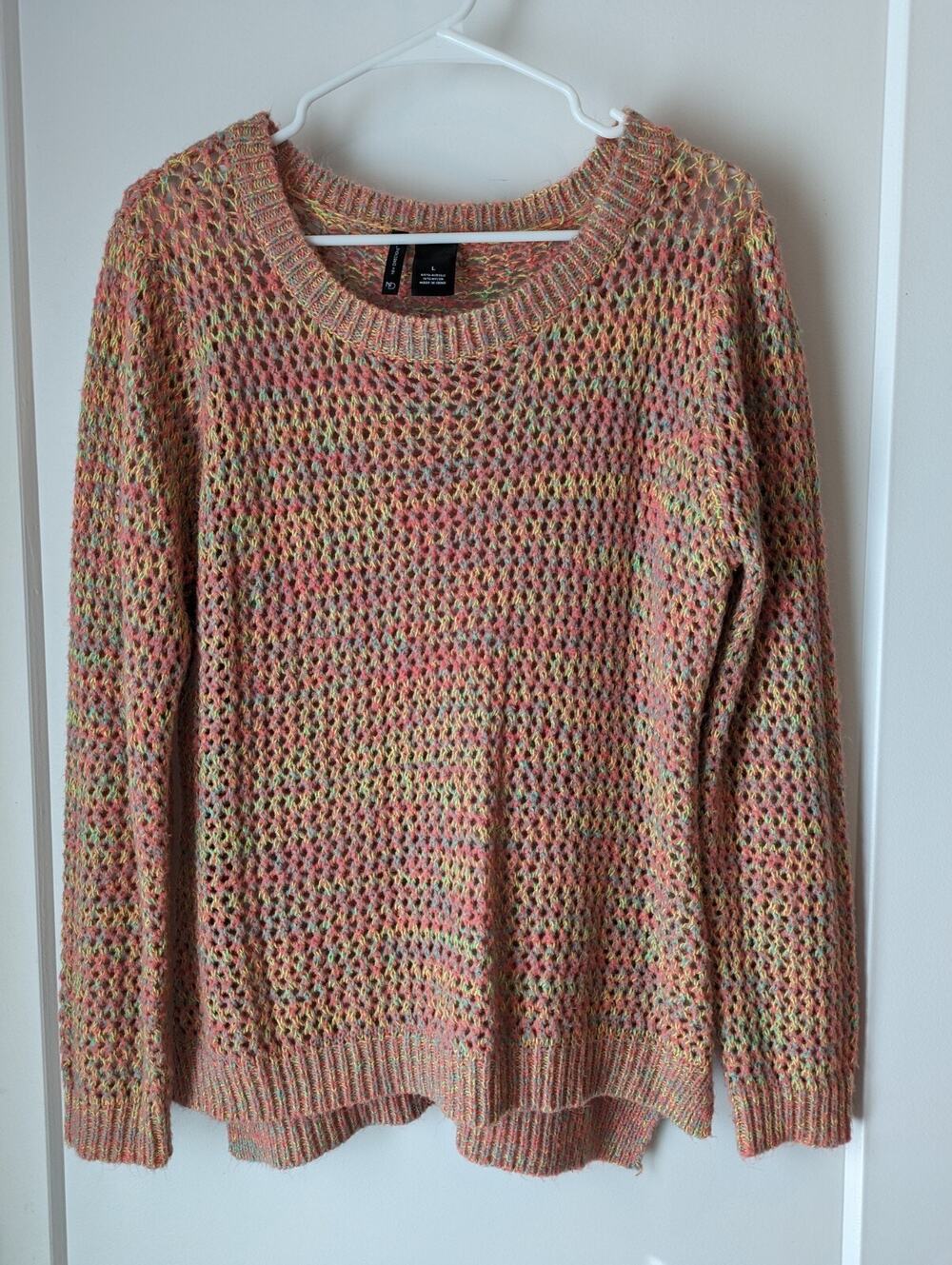 New Direction Women's L Sweater Pink Multicolor Crochet Pullover Bohemian